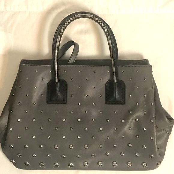 MILLY Gray Leather Satchel Crossbody Bag with zipper track handles Studded - Picture 5 of 15